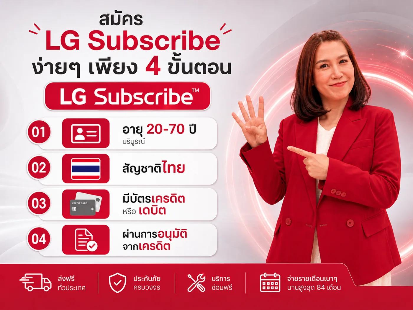สมัคร LG Subscribe ง่าย ๆ 4 ข้อ: อายุ 20–70 ปีบริบูรณ์ สัญชาติไทย มีบัตรเครดิตหรือเดบิต และผ่านการอนุมัติจากเครดิต